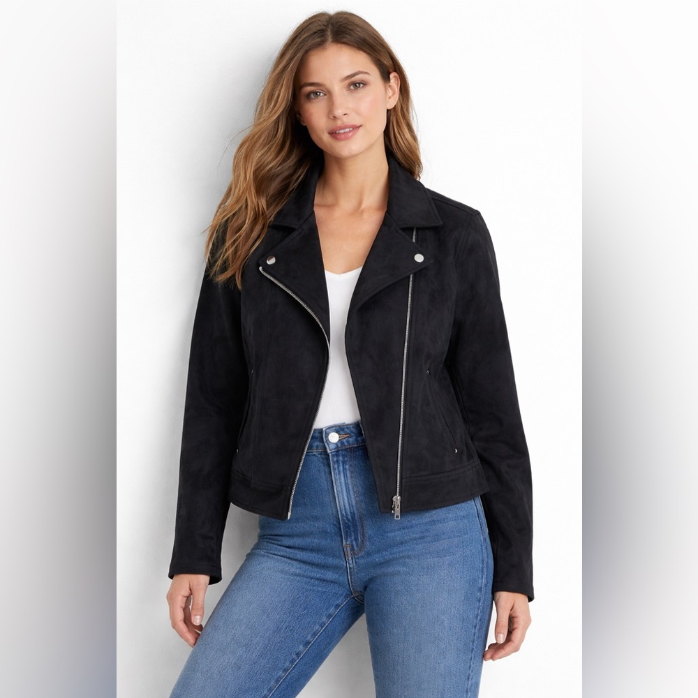 Old Navy Black Faux Suede Moto Jacket Women’s Size Large Biker Style Zip Up